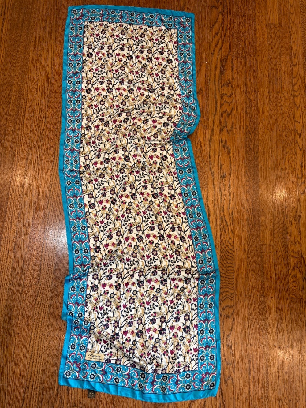 Bursa Ipek 100% Silk Scarf Turquoise Floral Ottoman Turkish Iznik 23x66" Vintage